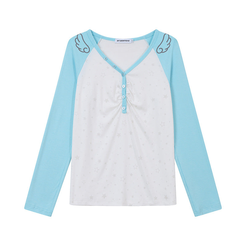 Women's Long Sleeve Henley Shirt with Raglan Sleeves, Gathered and Star Print Mune Fashion