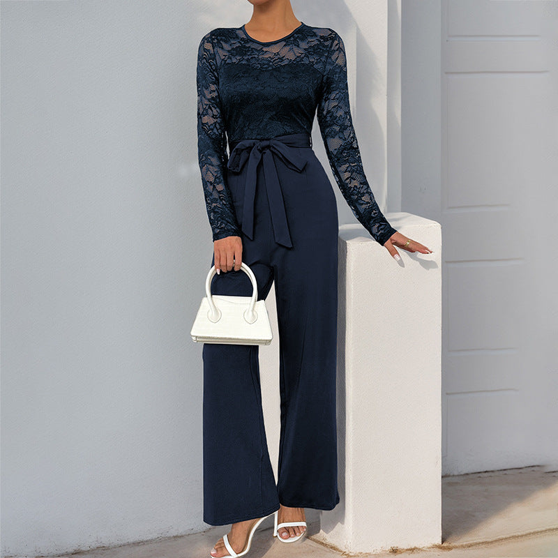 Women's lace jumpsuit with belted waist and wide leg Mune Fashion