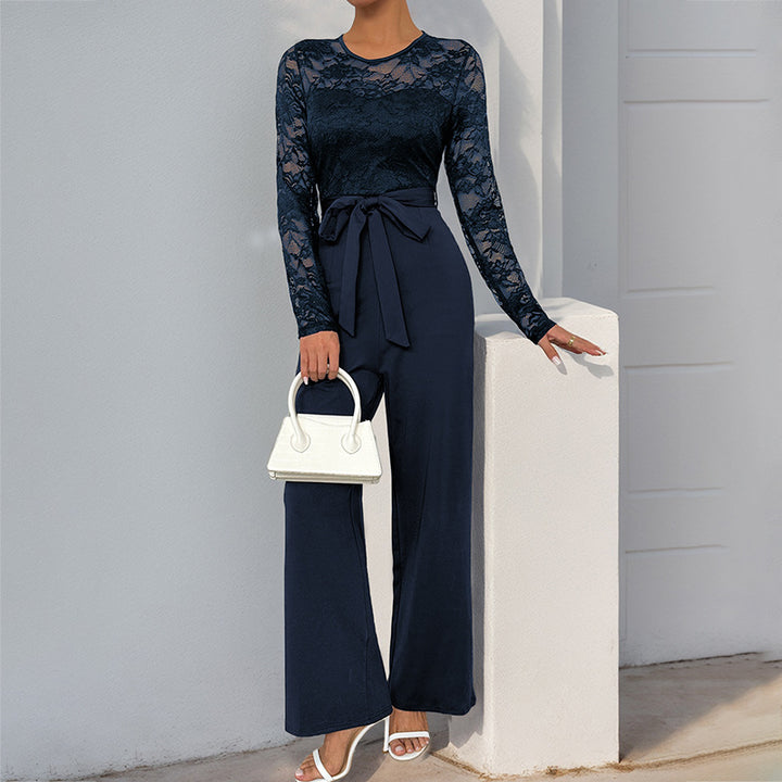 Women's lace jumpsuit with belted waist and wide leg Mune Fashion