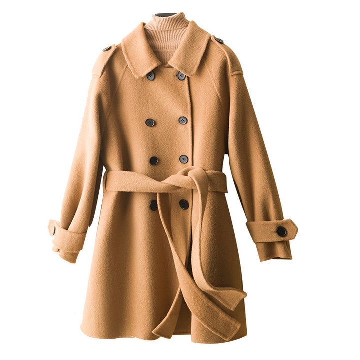 Women's Double-Breasted Wool Blend Coat with Waist Belt, Epaulettes and Adjustable Cuffs Mune Fashion
