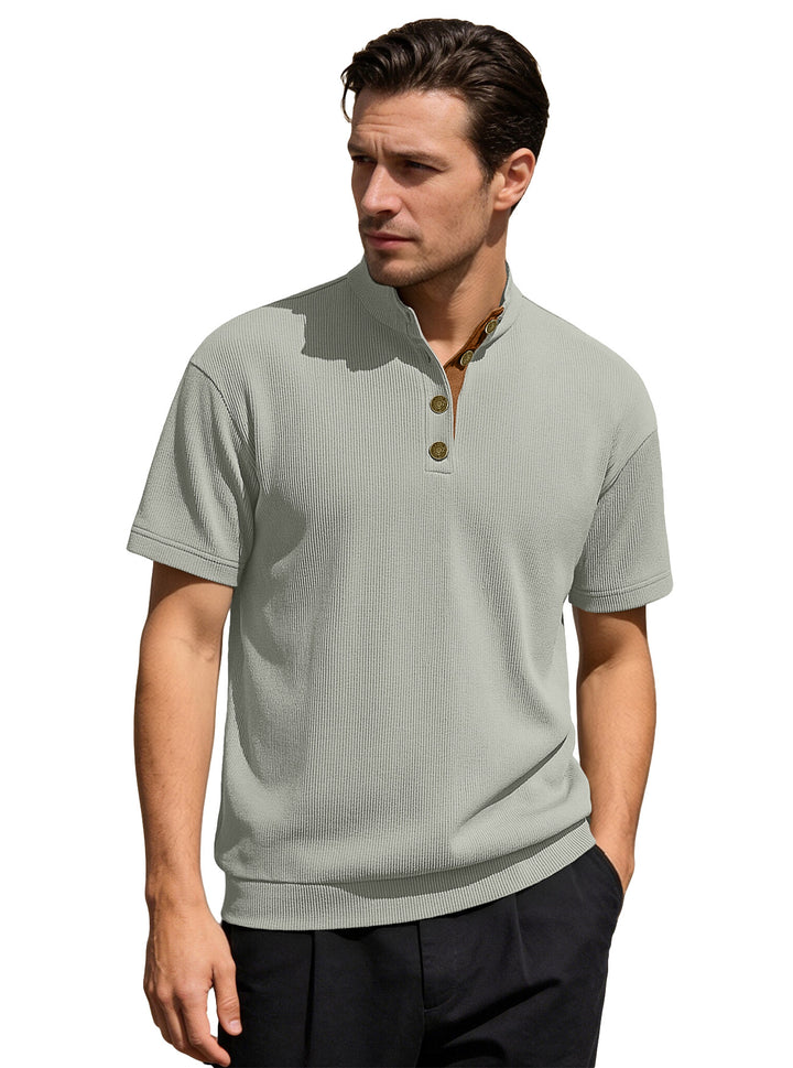 Men's Waffle Structure Short Sleeve Henley with Stand-Up Collar and Decorative Button Placket Mune Fashion