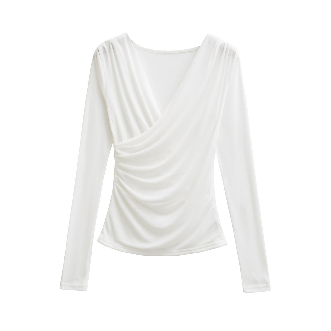 Women's Draped Long Sleeve with V-Neck and Side Gathering Mune Fashion