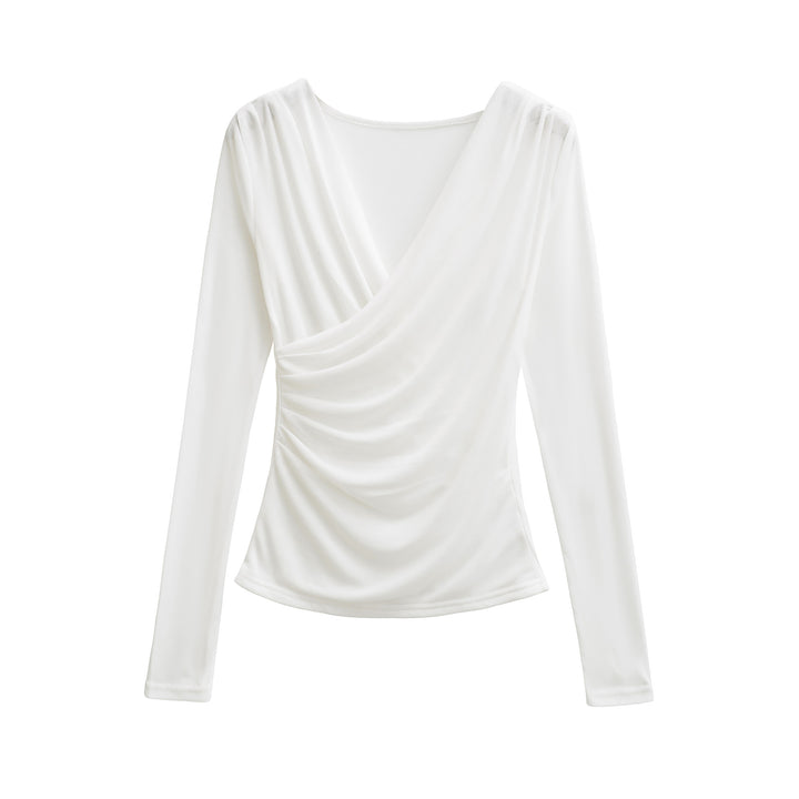Women's Draped Long Sleeve with V-Neck and Side Gathering Mune Fashion