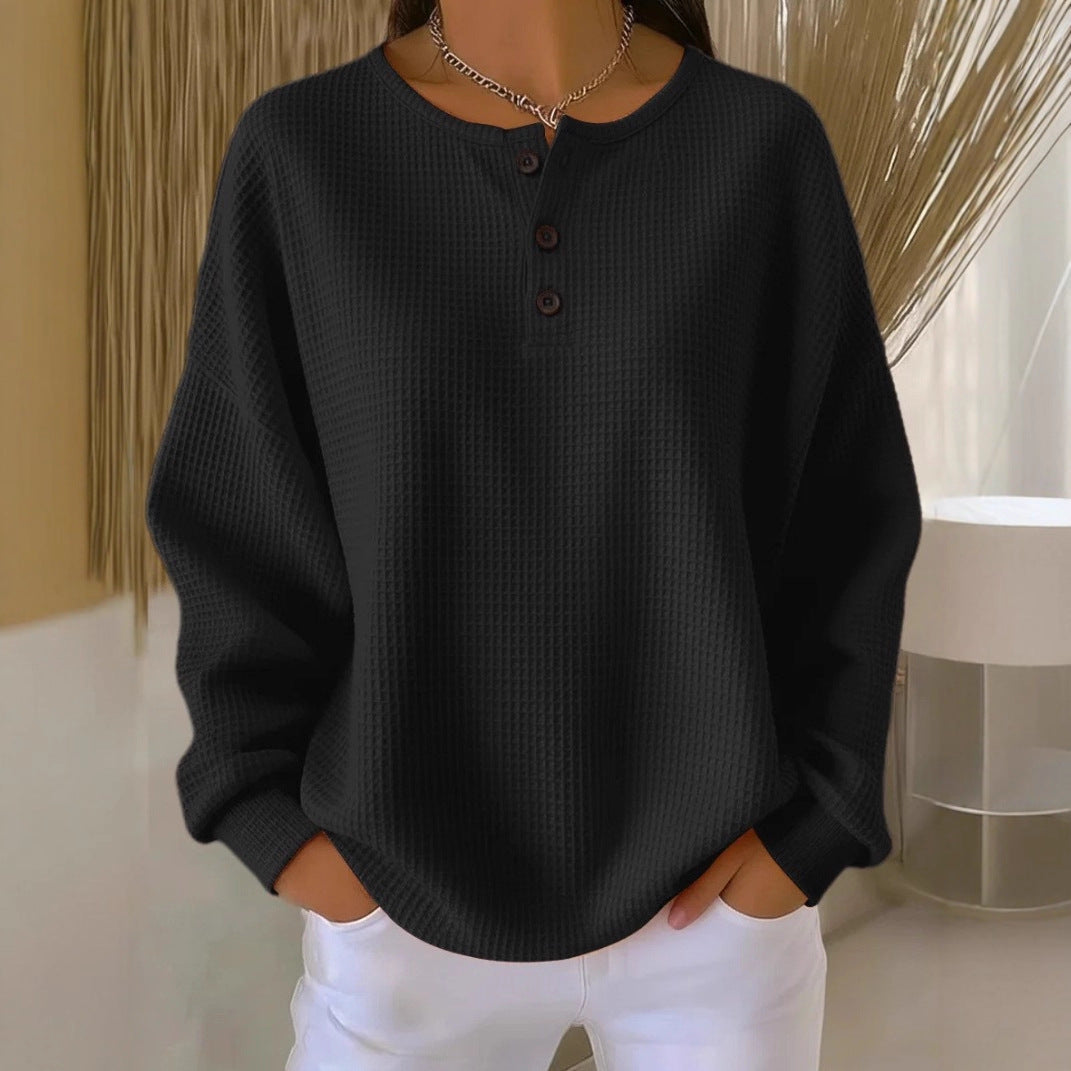 Women Oversize Waffle Knit Henley Shirt with Placket and Round Neck Mune Fashion