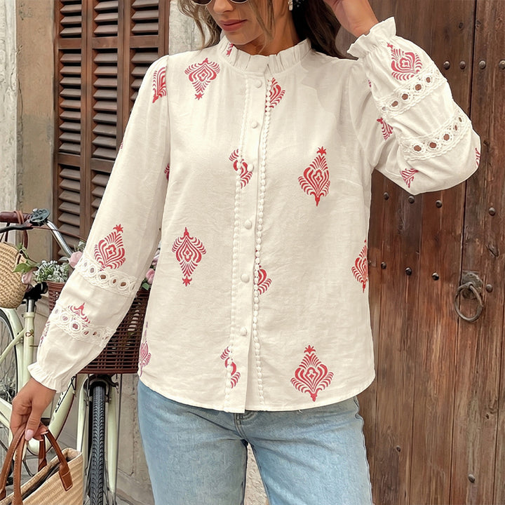 Women Patterned Blouse with Stand Collar, Decorative Button Placket and Crochet Trim on Sleeves Mune Fashion