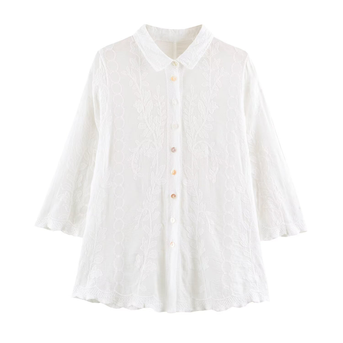 Women Embroidered Cotton Blouse with Eyelet Embroidery and Three-Quarter Sleeves Mune Fashion
