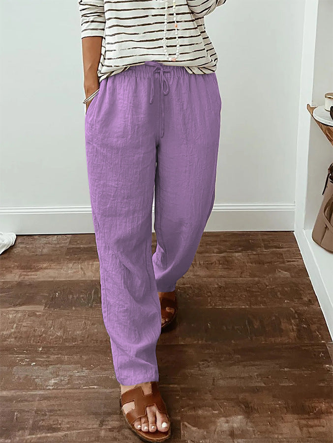 Women's lightweight linen look pants with elastic drawstring, front pockets and wide leg Mune Fashion