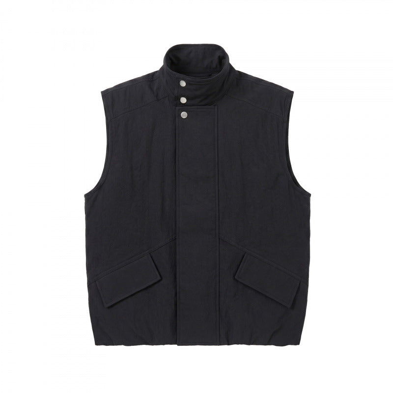 Unisex Boxy Padded Sleeveless Vest with High Stand-Up Collar, Hidden Snap Button Placket and Flap Pockets Mune Fashion