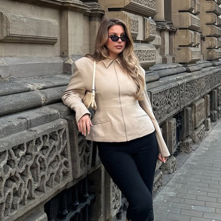 Women's Tailored Short Jacket made of vegan leather imitation with shirt collar and concealed zipper Mune Fashion