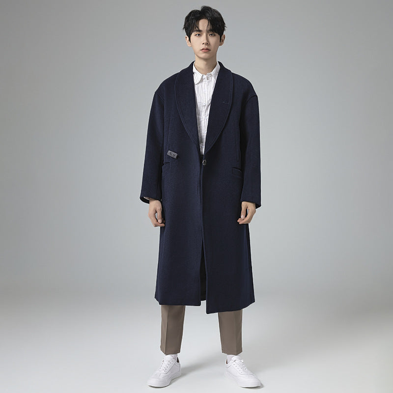 Men's maxi-length wool blend overcoat in oversized fit with wide shawl collar and decorative belt Mune Fashion