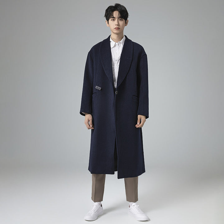 Men's maxi-length wool blend overcoat in oversized fit with wide shawl collar and decorative belt Mune Fashion