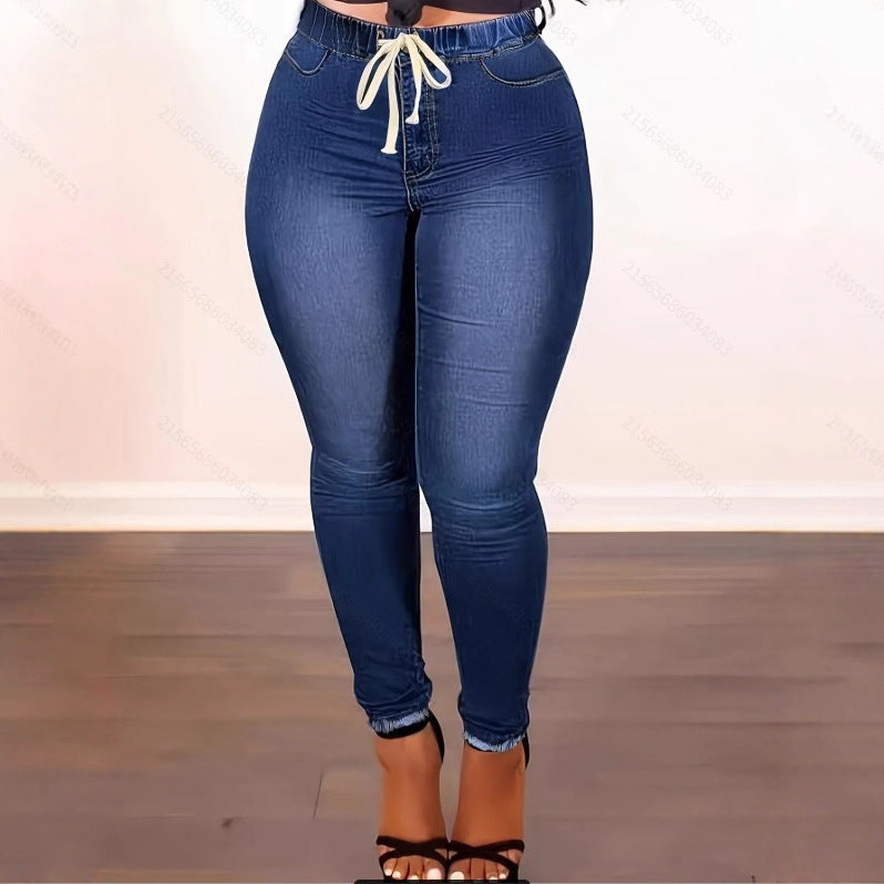 Women's High-Waist Sculpting Jeggings in Denim Look with Elastic Drawstring Waistband Mune Fashion