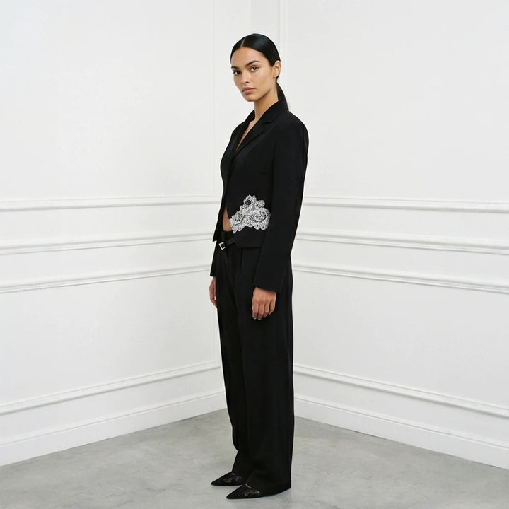 Women's Sculpted Cropped Blazer with Lace Trim and Tailored Silhouette Mune Fashion