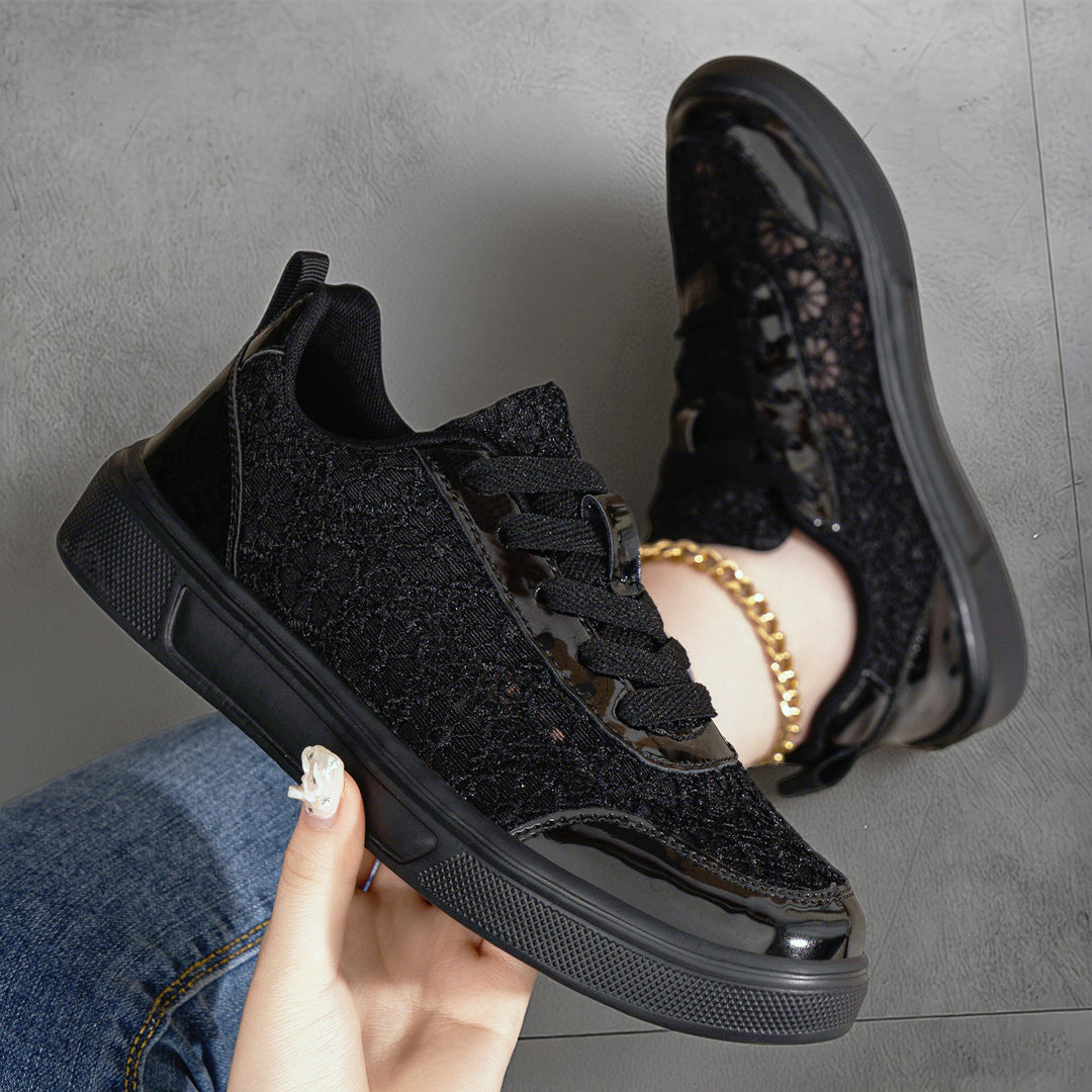 Women's elegant platform sneaker with lace overlay, patent overlays, and padded comfort insole Mune Fashion