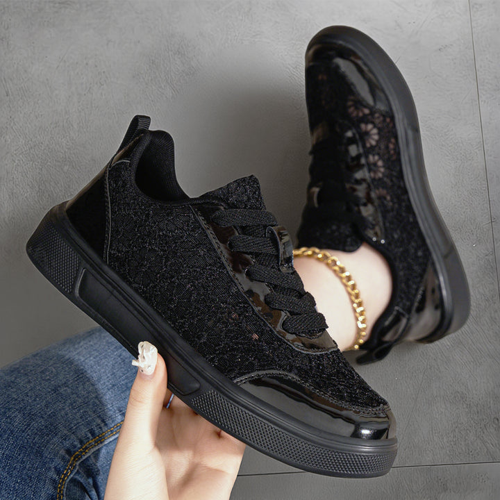 Women's elegant platform sneaker with lace overlay, patent overlays, and padded comfort insole Mune Fashion
