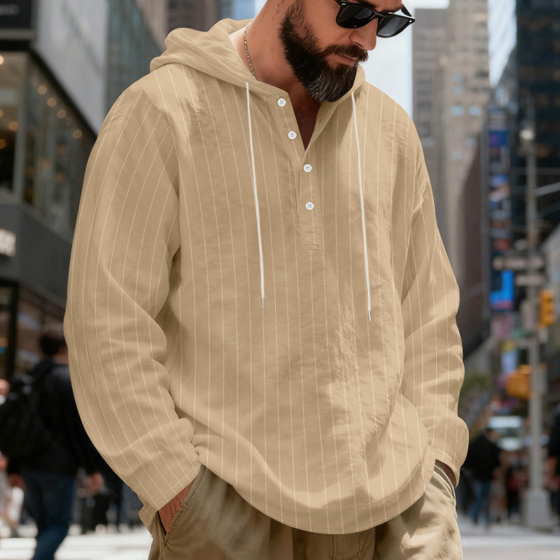 Men's Lightweight Hoodie Henley Shirt with Fine Pinstripes Mune Fashion