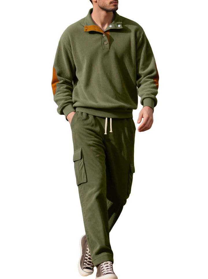 Men's structured turtleneck pullover with stand-up collar, press stud placket, and velour elbow patches Mune Fashion