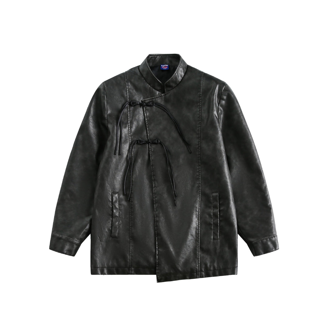 Men's Short Leather Look Coat in Vintage Style with Chinese Knot Closures Mune Fashion