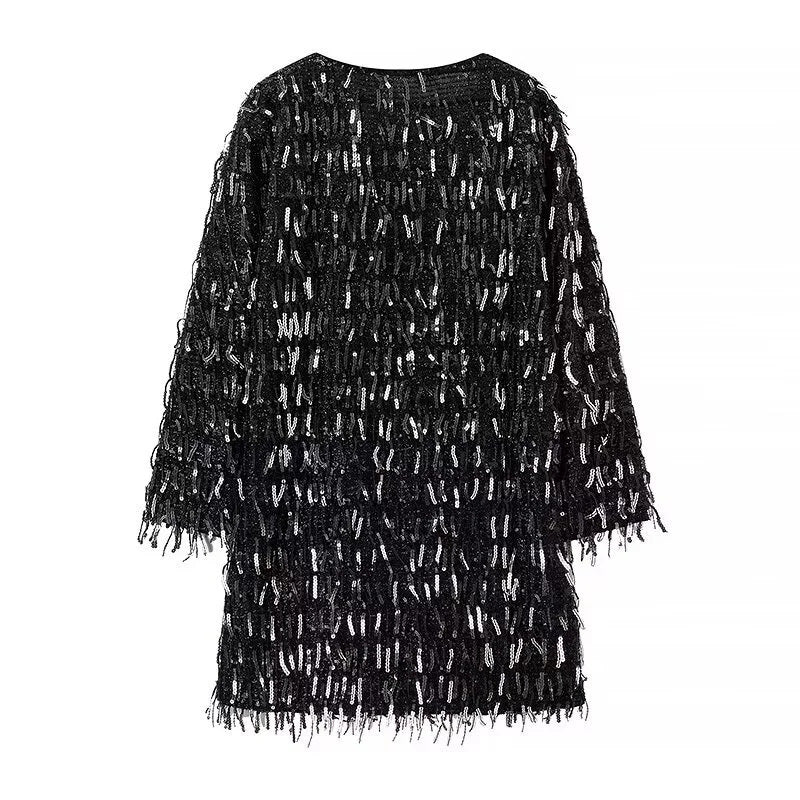 Women's shimmering sequin fringe dress with V-neck, loose boxy cut, and padded lining Mune Fashion