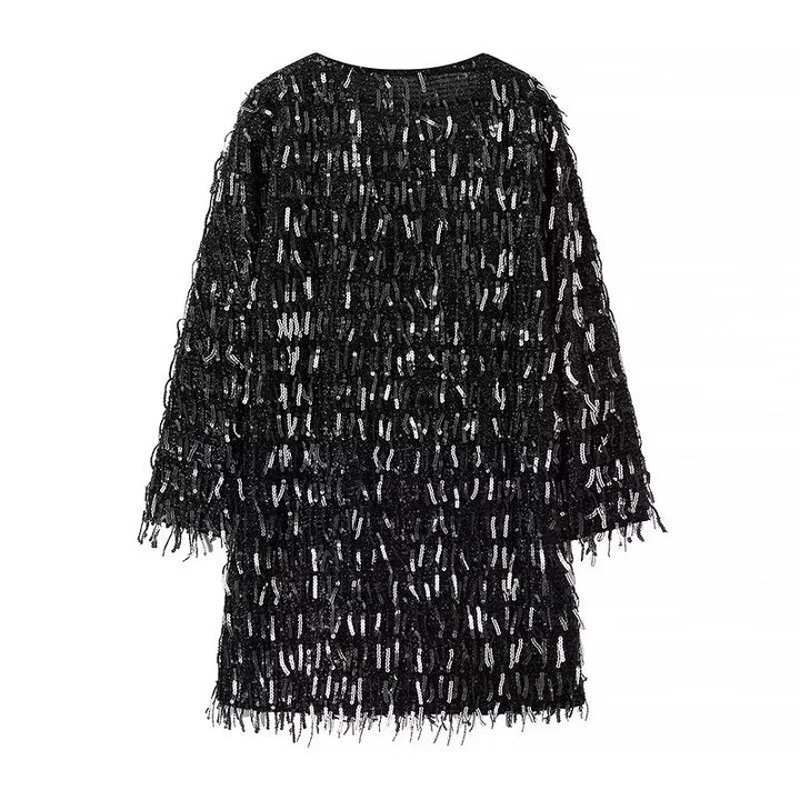 Women's shimmering sequin fringe dress with V-neck, loose boxy cut, and padded lining Mune Fashion