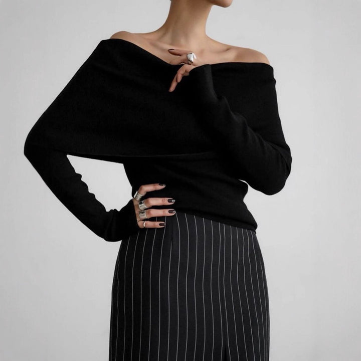 Women's off-the-shoulder fine knit sweater with foldable Carmen collar Mune Fashion