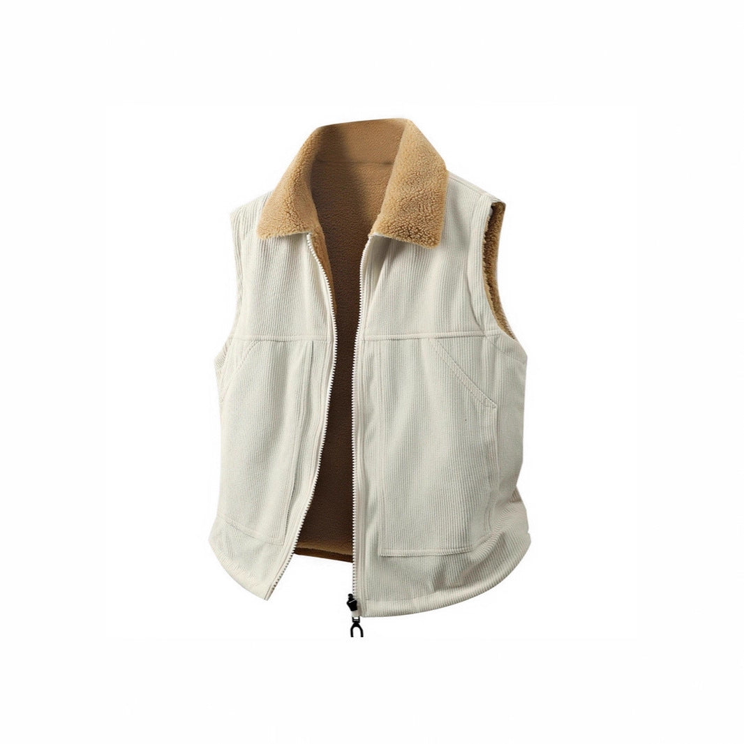 Women's Sleeveless Teddy Fleece Vest with Stand Collar and Full-Length Zipper Mune Fashion