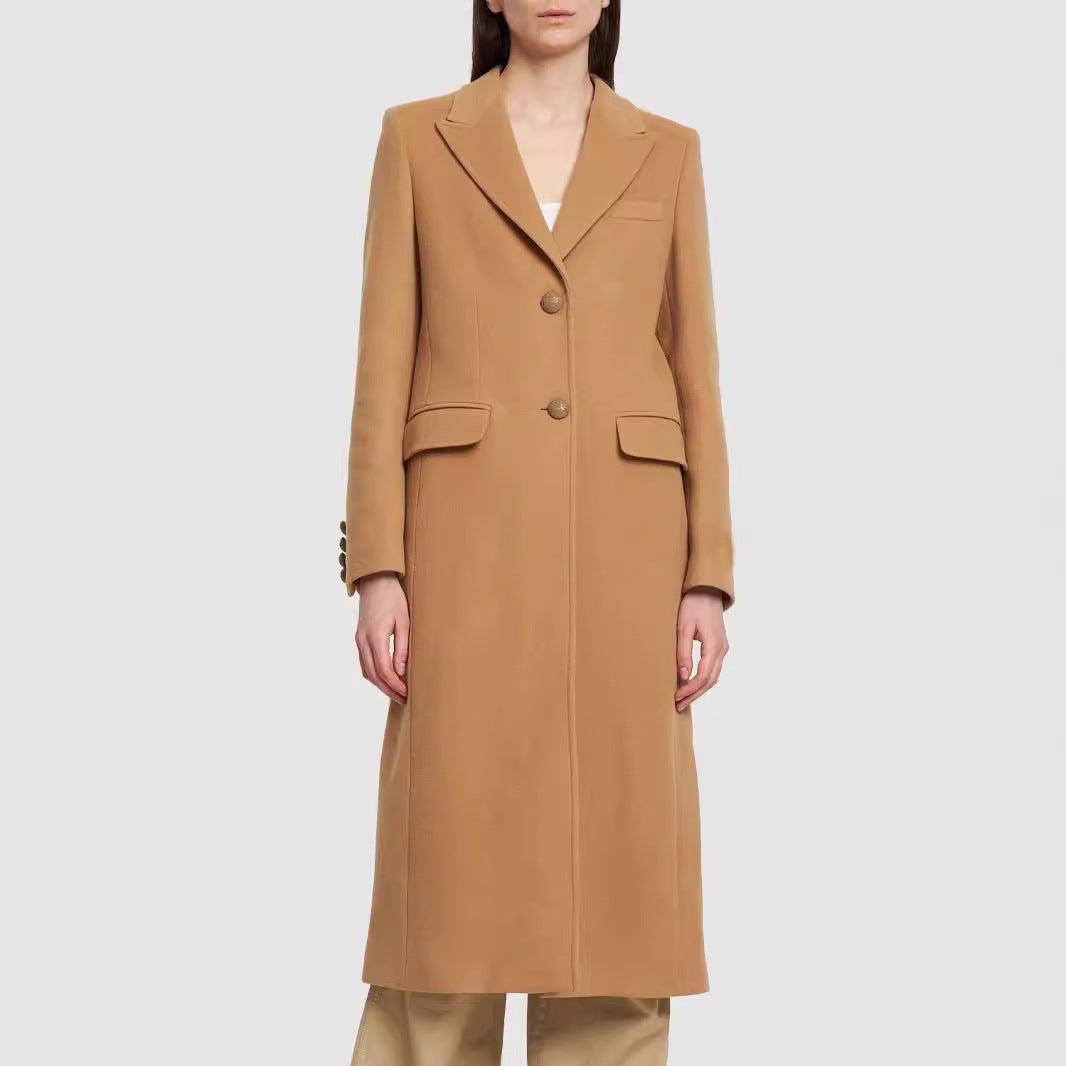 Women's Midi Length Single-Breasted Tailoring Coat with Narrow Lapels and Flap Pockets Mune Fashion