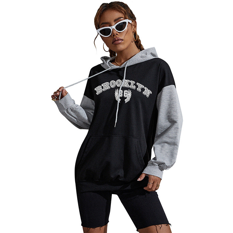 Women's Oversized Hoodie in College Style with Color Block Sleeves, Kangaroo Pocket and Drawstring