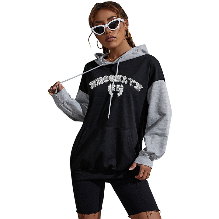 Women's Oversized Hoodie in College Style with Color Block Sleeves, Kangaroo Pocket and Drawstring