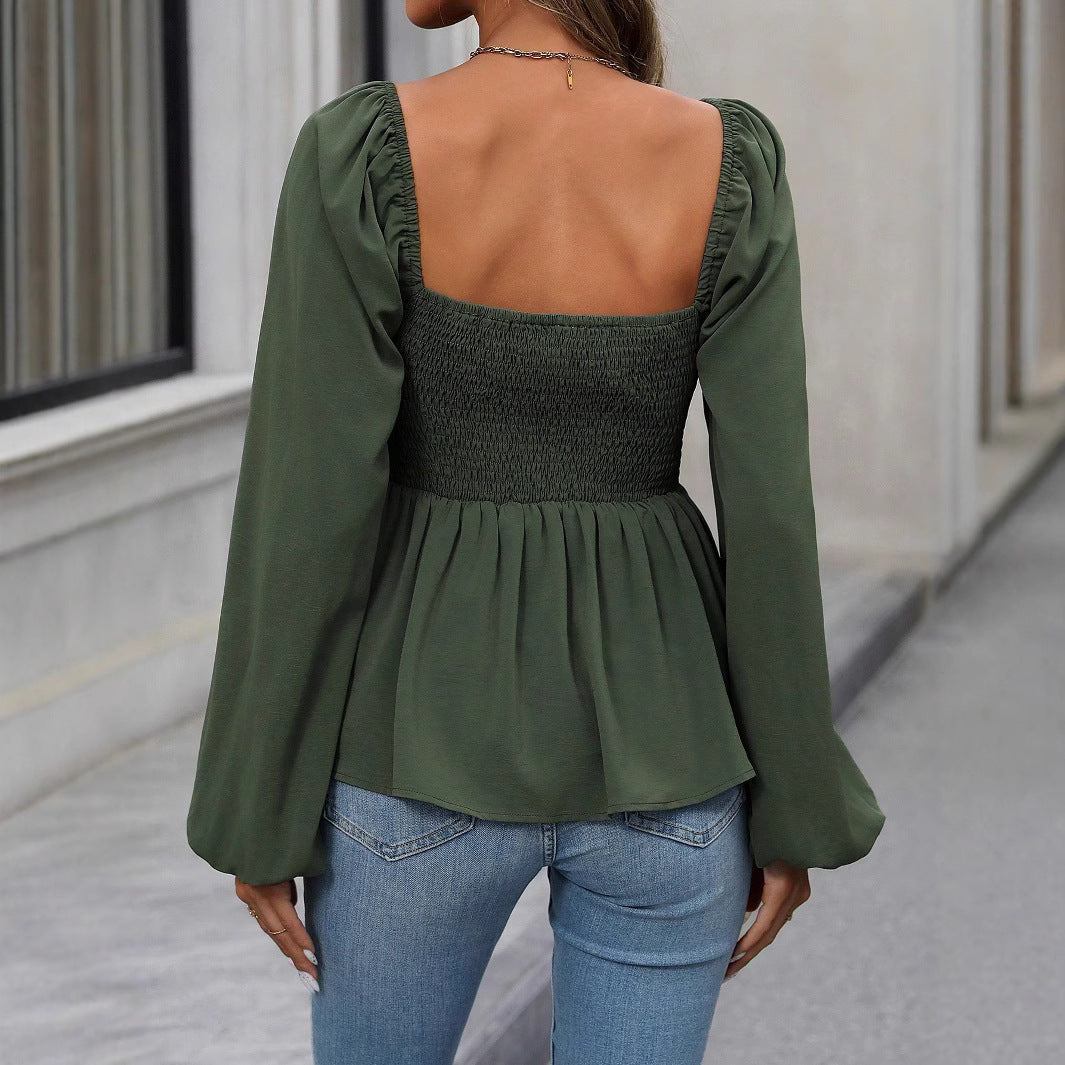 Ladies gathered peplum blouse with square neckline and balloon sleeves Mune Fashion