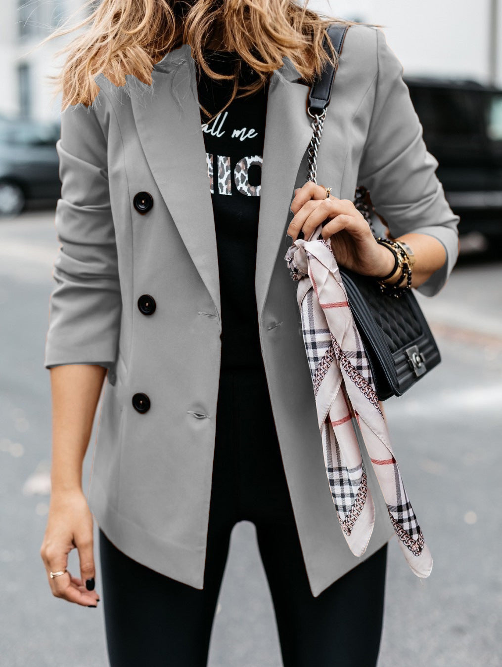 Women nan tailored long blazer with double-breasted button placket, lapel collar and patch pockets Mune Fashion