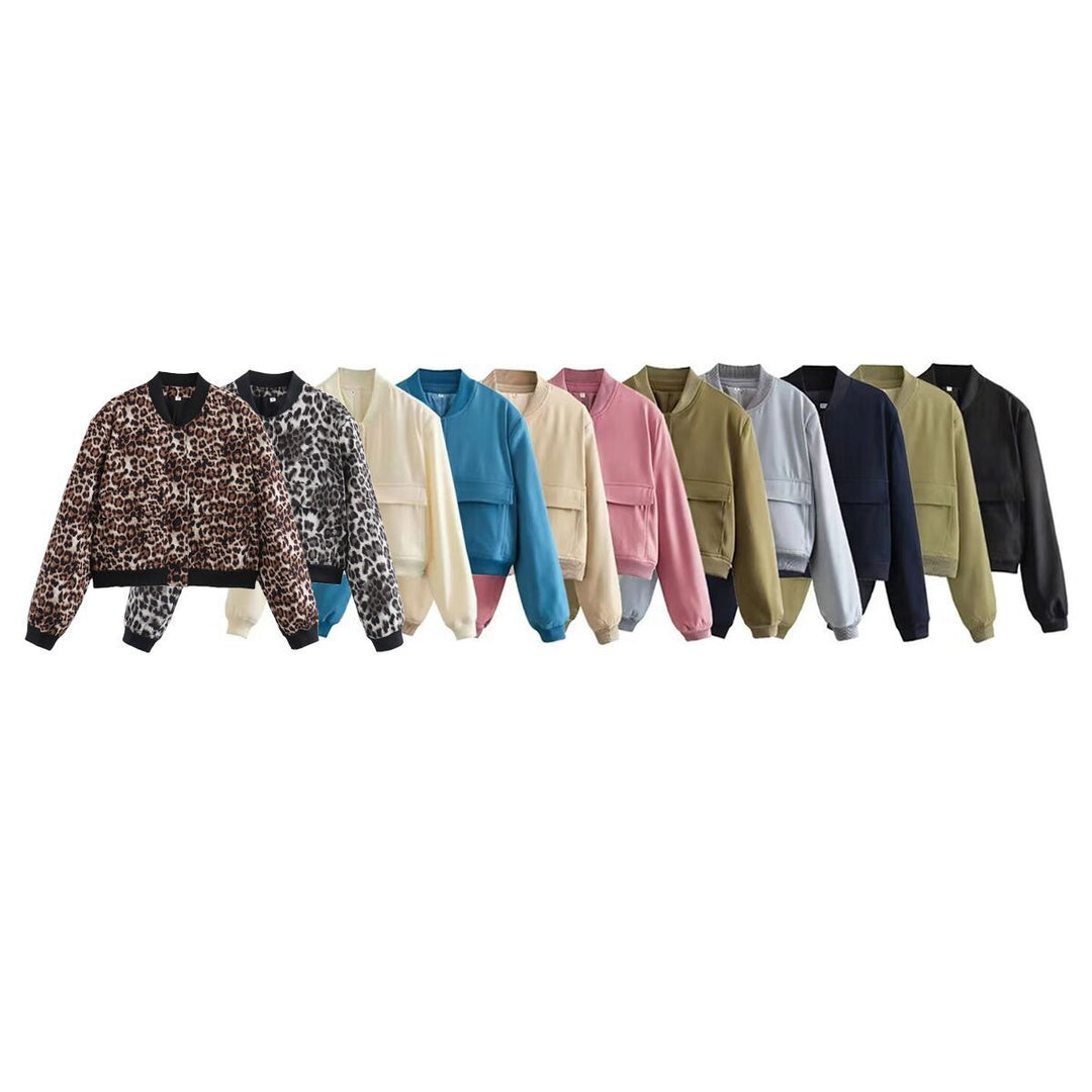 Women's Short Bomber Jacket with Leopard Print, Ribbed Cuffs, and Flap Pockets Mune Fashion