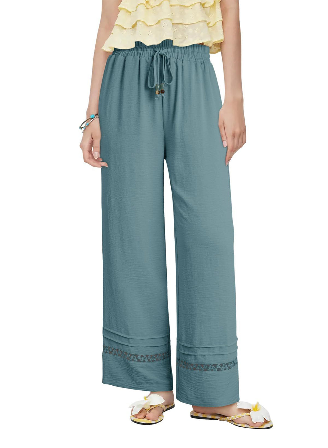 Women's wide linen-look pants with high elastic waistband, drawstring and lace insert Mune Fashion