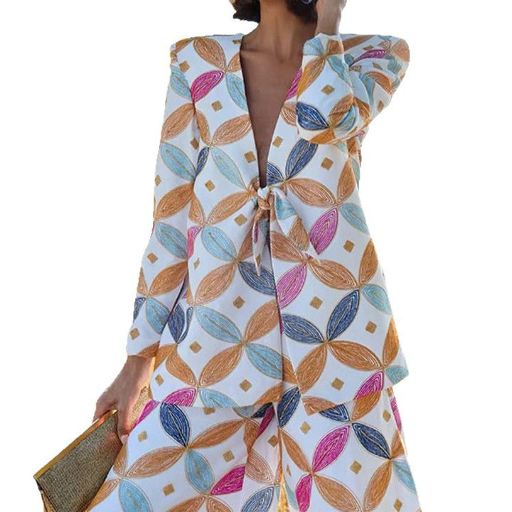 Women's Two-Piece Jacquard Suit with Waist Bow and Wide Leg Mune Fashion