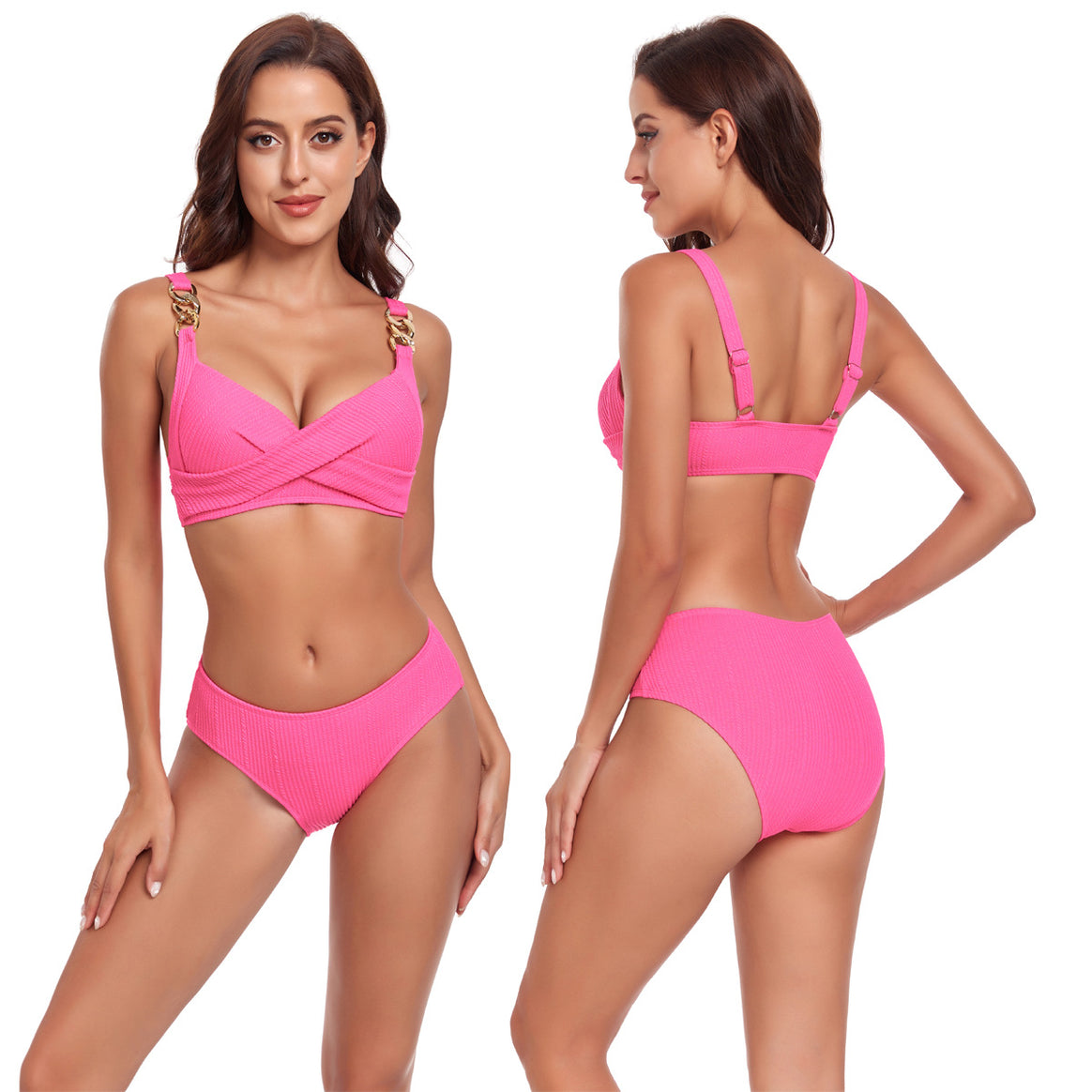 Women's Bikini Set with Crossed Top and Decorative Buckles Mune Fashion