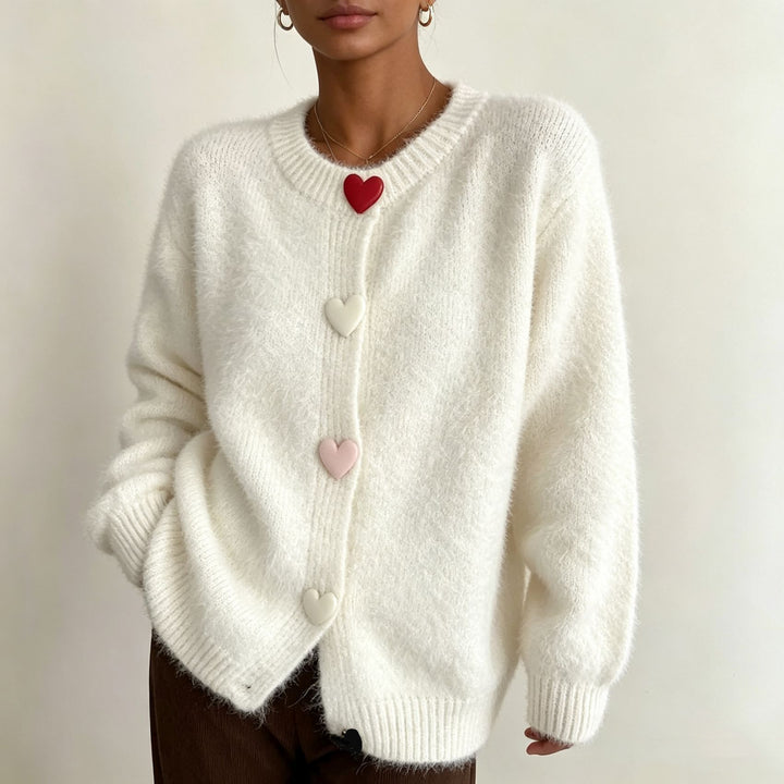Women Fluffy Short Cardigan with Heart Button Placket and Raglan Sleeves Mune Fashion