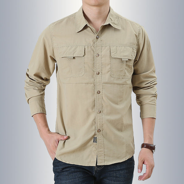 Men's breathable travel safari shirt with double-flap breast pockets, roll-up sleeve system and wrinkle-free cotton blend Mune Fashion