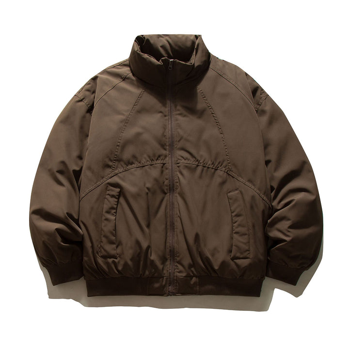 Men's boxy padded bomber jacket with high stand-up collar, elastic hem, and practical side pockets.