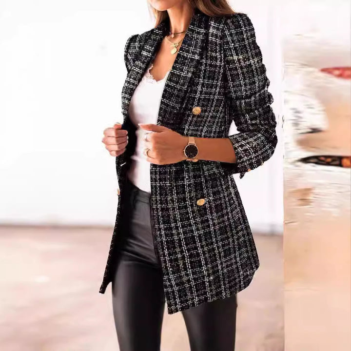 Women tailored checkered long blazer with double-breasted and shoulder pads Mune Fashion