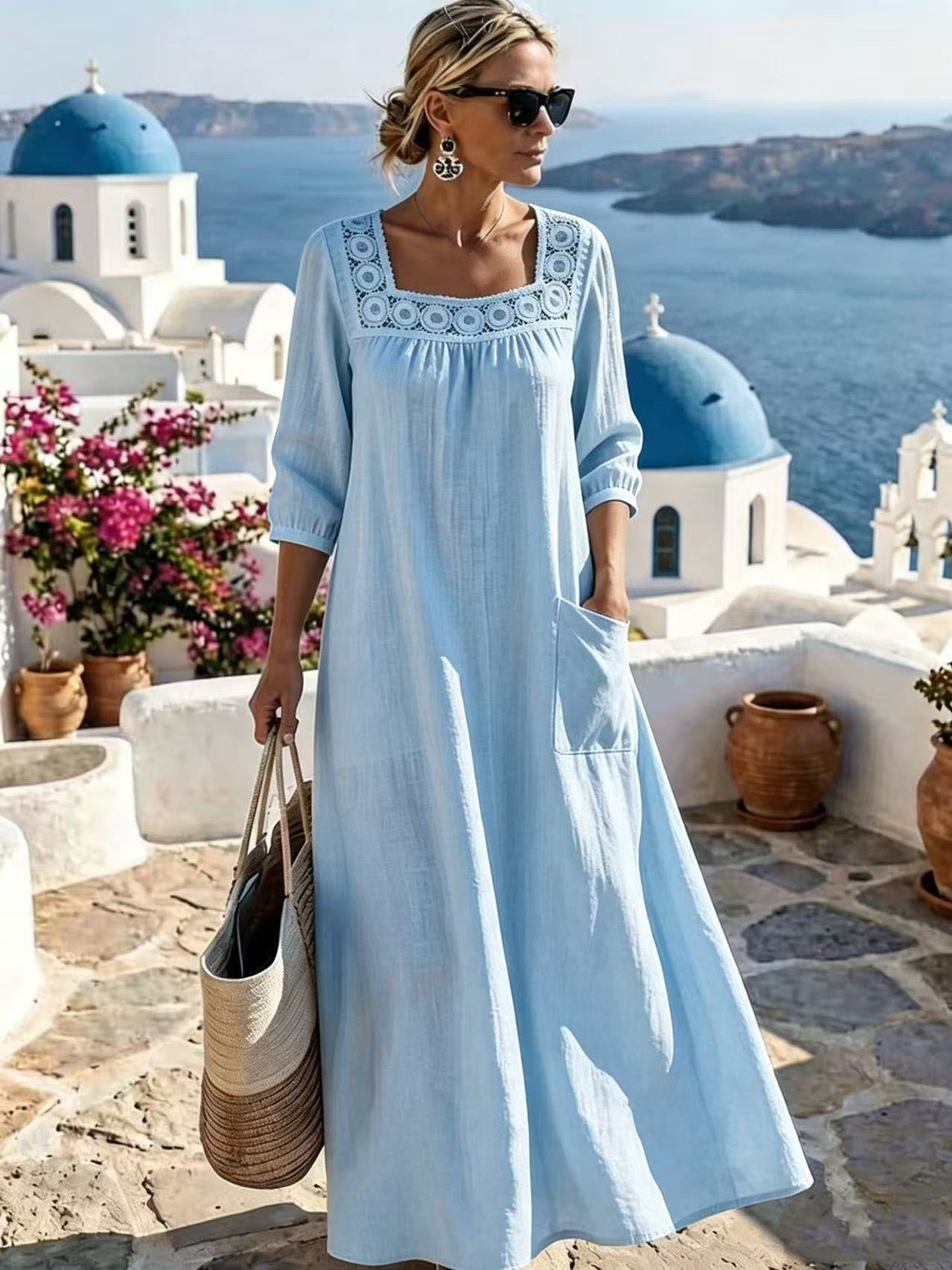 Women's maxi dress with crochet square neckline, three-quarter sleeves, and pocket Mune Fashion
