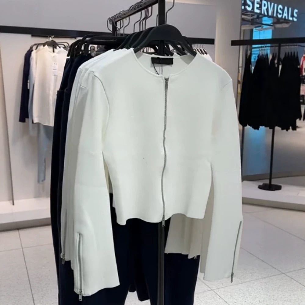 Ladies Tailored Cropped Cardigan with Full Metal Zipper and Extended Cuff Zippers Mune Fashion