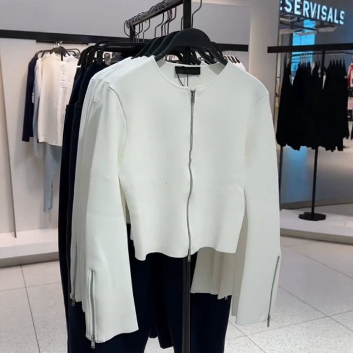 Ladies Tailored Cropped Cardigan with Full Metal Zipper and Extended Cuff Zippers Mune Fashion