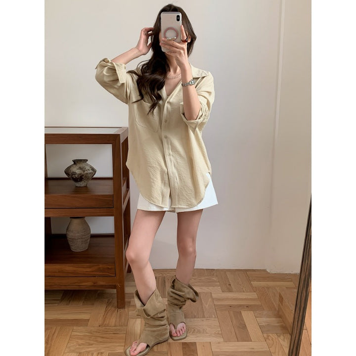 Ladies Casual Linen Look Long Shirt with Oversize Cut and Breast Pocket Mune Fashion