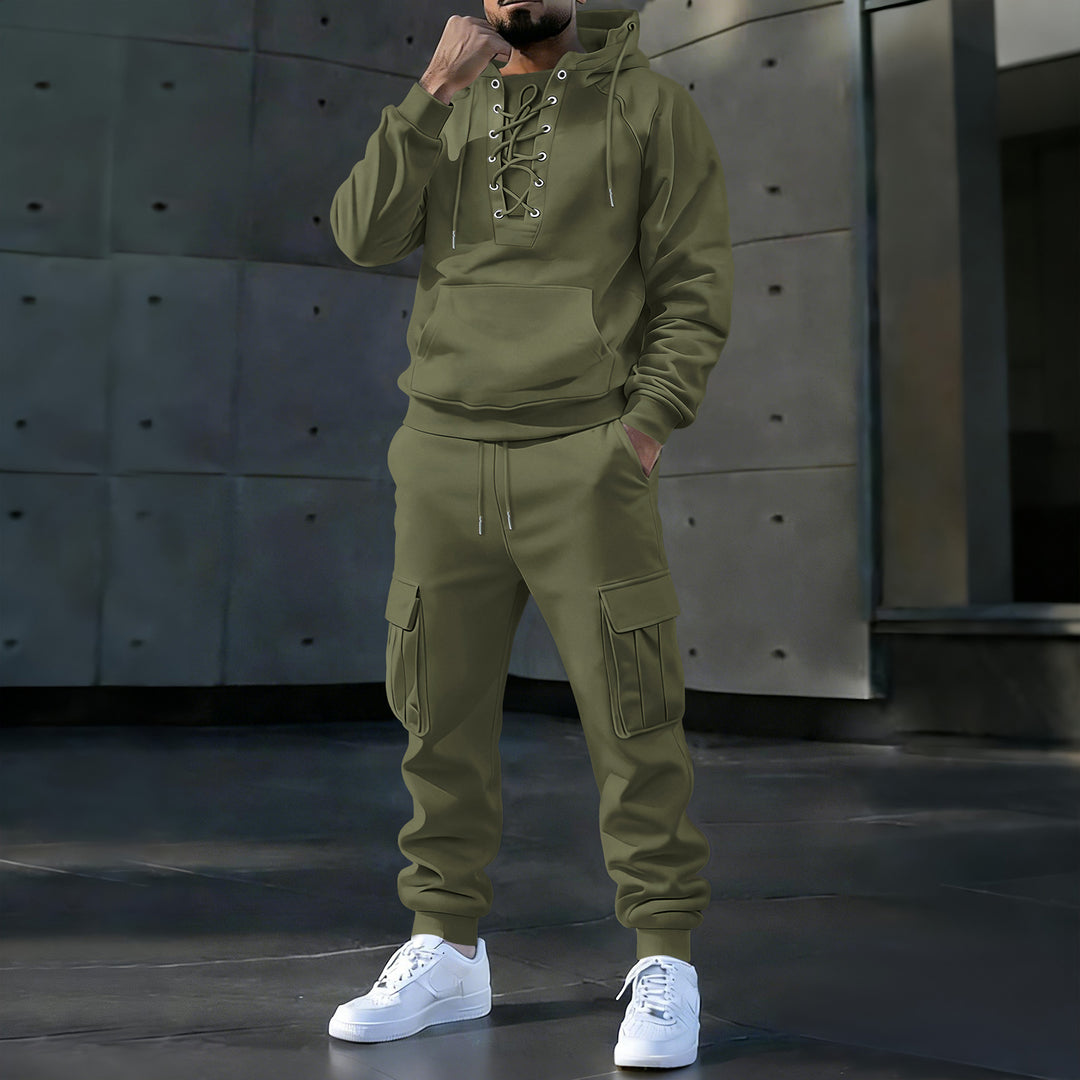 Men's hoodie with distinctive front lacing, kangaroo pocket, and elastic cuffs Mune Fashion