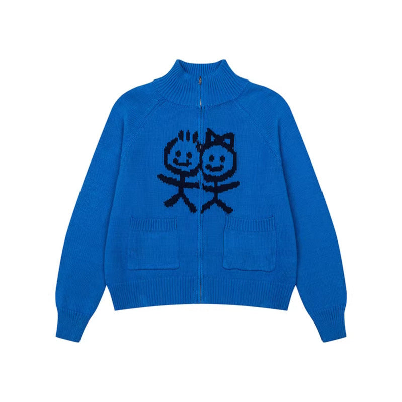 Women's chunky knit zip cardigan with stand-up collar, patch pockets and cartoon intarsia Mune Fashion