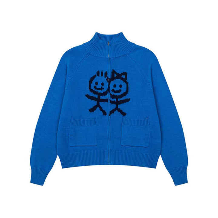 Women's chunky knit zip cardigan with stand-up collar, patch pockets and cartoon intarsia Mune Fashion