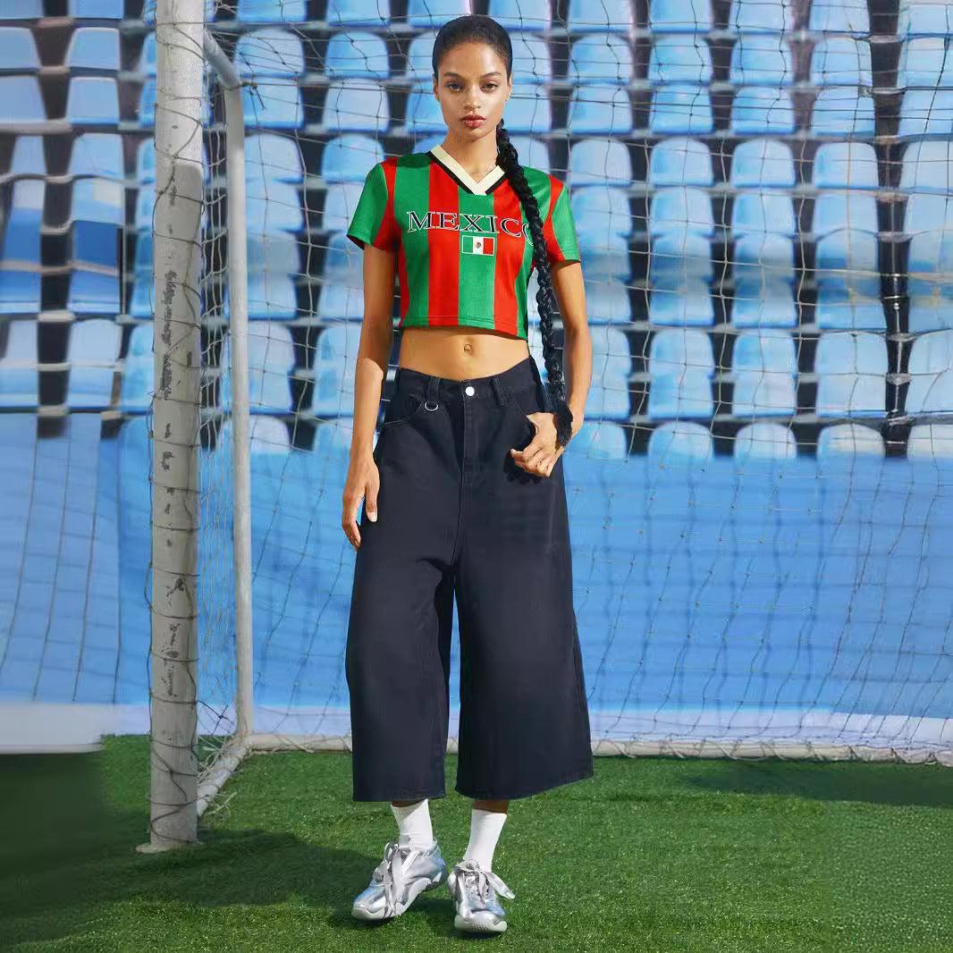Ladies non-belly-free retro football jersey with MEXICO lettering and flag patch Mune Fashion