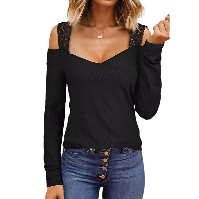 Women Off-Shoulder Long Sleeve Shirt with V-Neck and Lace Straps Mune Fashion
