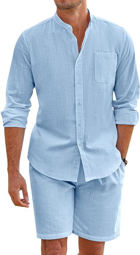 Men's linen-look two-piece set with stand-up collar shirt, chest pocket, and casual shorts Mune Fashion