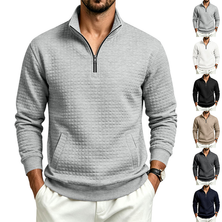 Men's Structured Stand Collar Half Zip Sweatshirt with Checkered Pattern and Kangaroo Pocket Mune Fashion